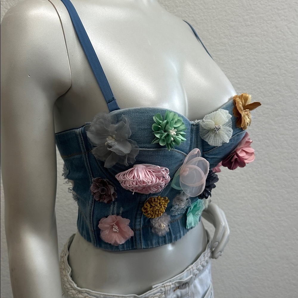 Vintage 90’s Denim Handmade Flowers Corset Camisole Top - Picture 2 of 6